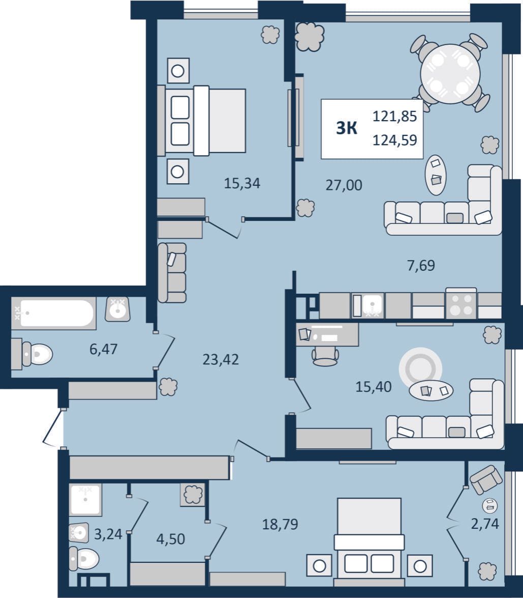 3, комнатная квартира, 124,59 кв.м.