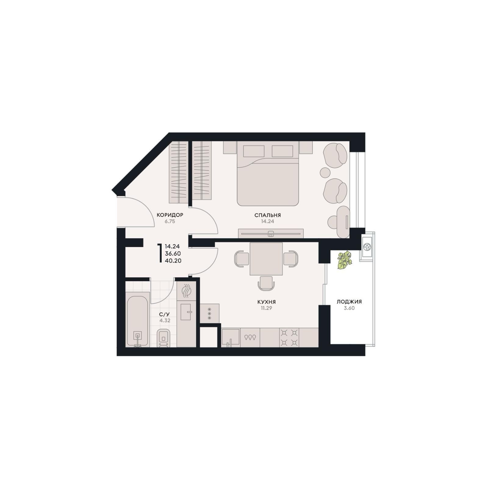 1 комнатная квартира, 40,2 кв.м.