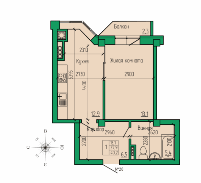 1 комнатная квартира, 40,2 кв.м.