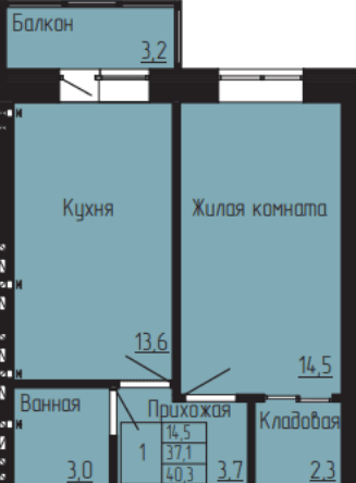 1 комнатная квартира, 40,3 кв.м.