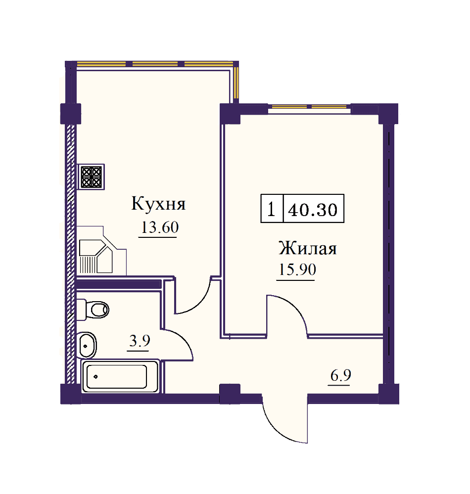 1 комнатная квартира 40,3 кв.м