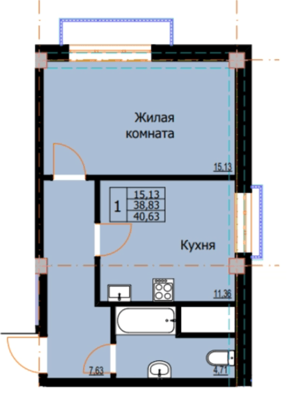 1 комнатная квартира, 40,63 кв.м.