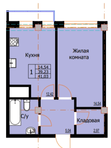 1 комнатная квартира, 41,03 кв.м.
