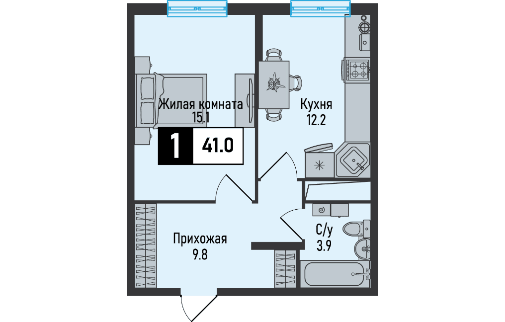 1 комнатная квартира, 41 кв.м.