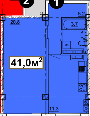 1 комнатная квартира, 41 кв.м.