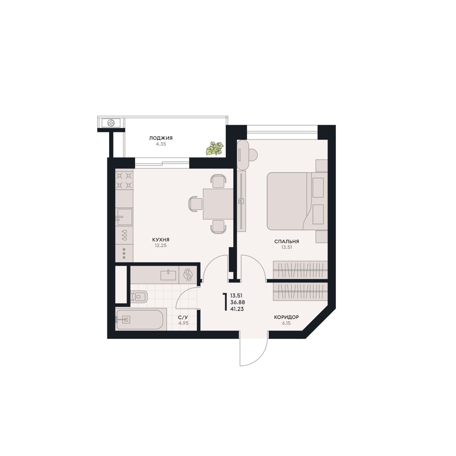 1 комнатная квартира, 41,23 кв.м.