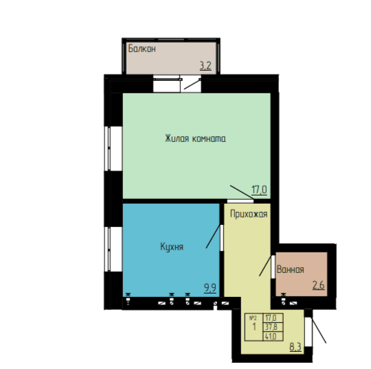 1 комнатная квартира 41 кв.м