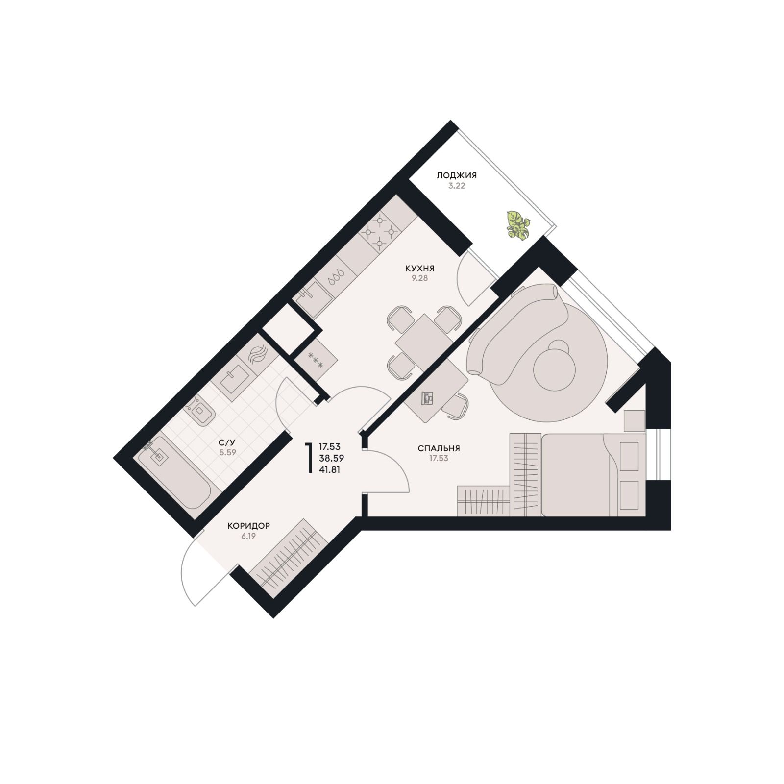 1 комнатная квартира, 41,81 кв.м.