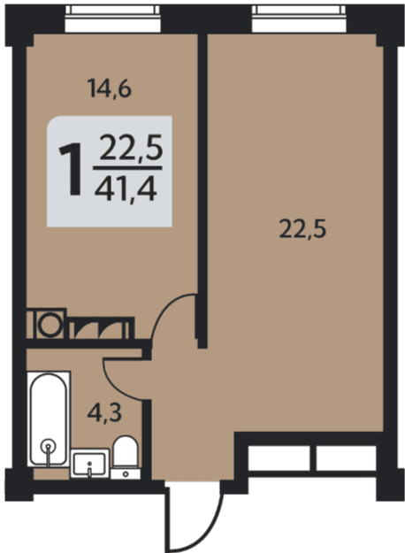1 комнатная квартира, 41,4 кв.м.