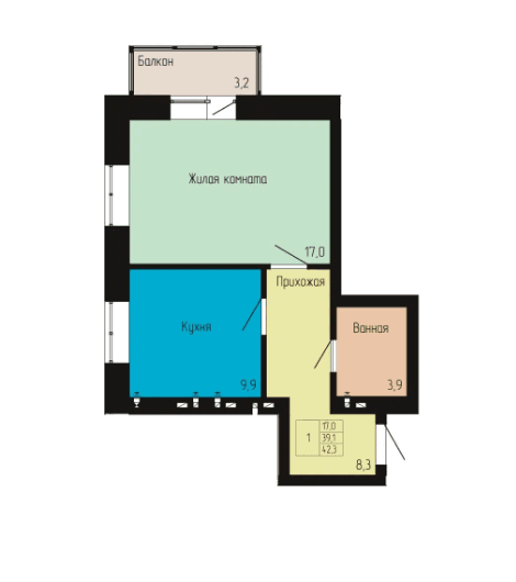 1 комнатная квартира, 42,3 кв.м.