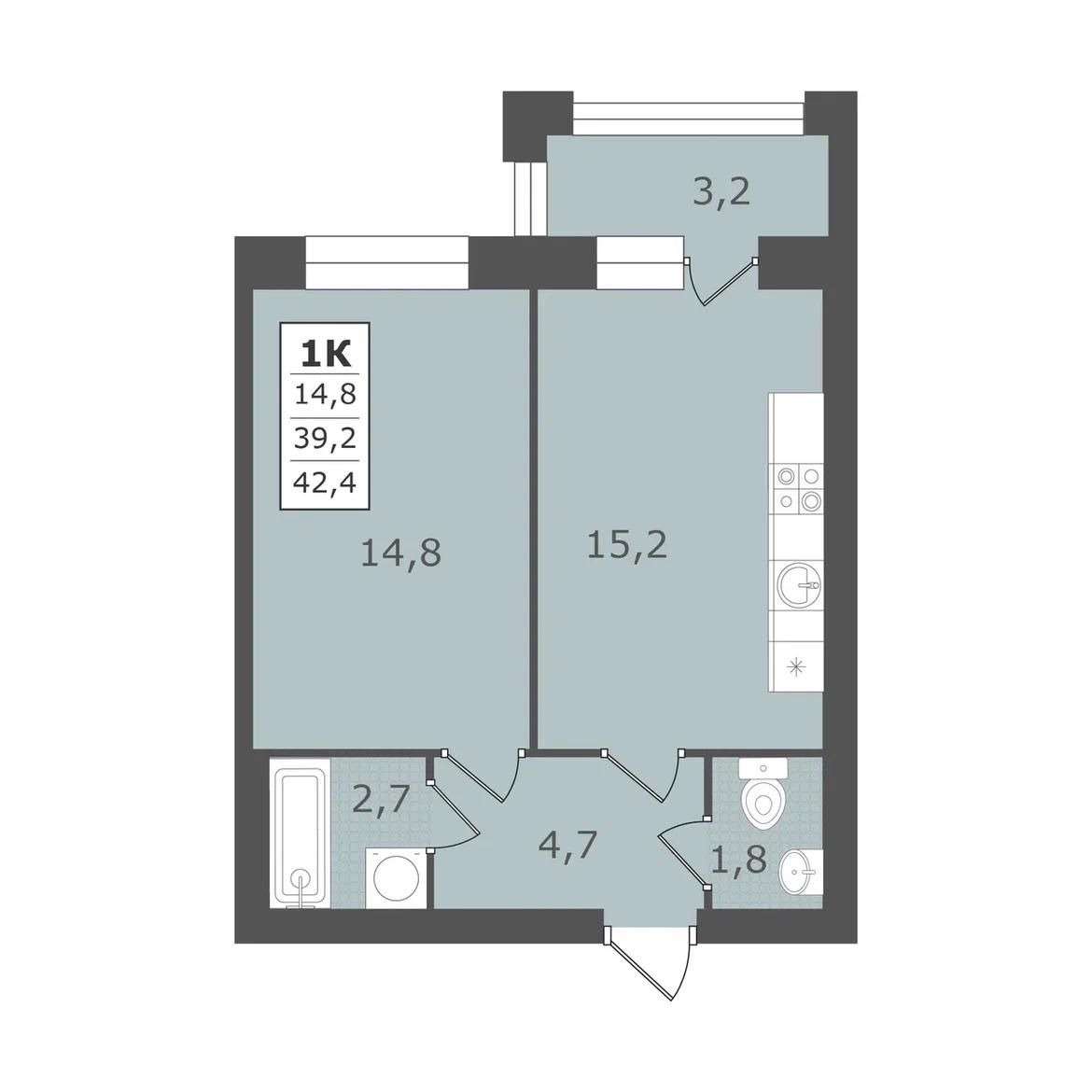 1 комнатная квартира, 42,4 кв.м.