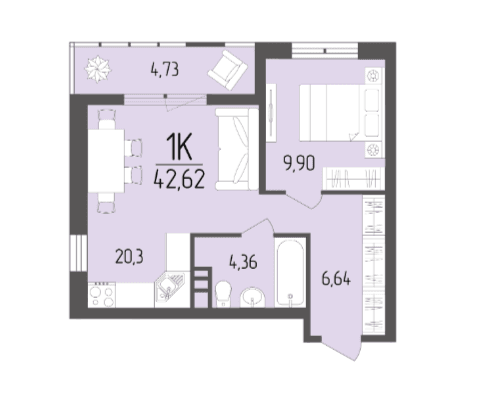 1 комнатная квартира 42,62 кв.м