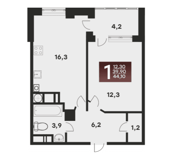 1 комнатная квартира, 44,1 кв.м.