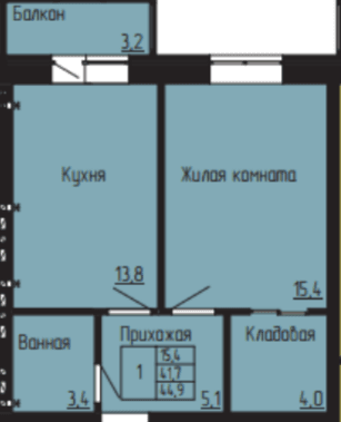 1 комнатная квартира, 44,9 кв.м.