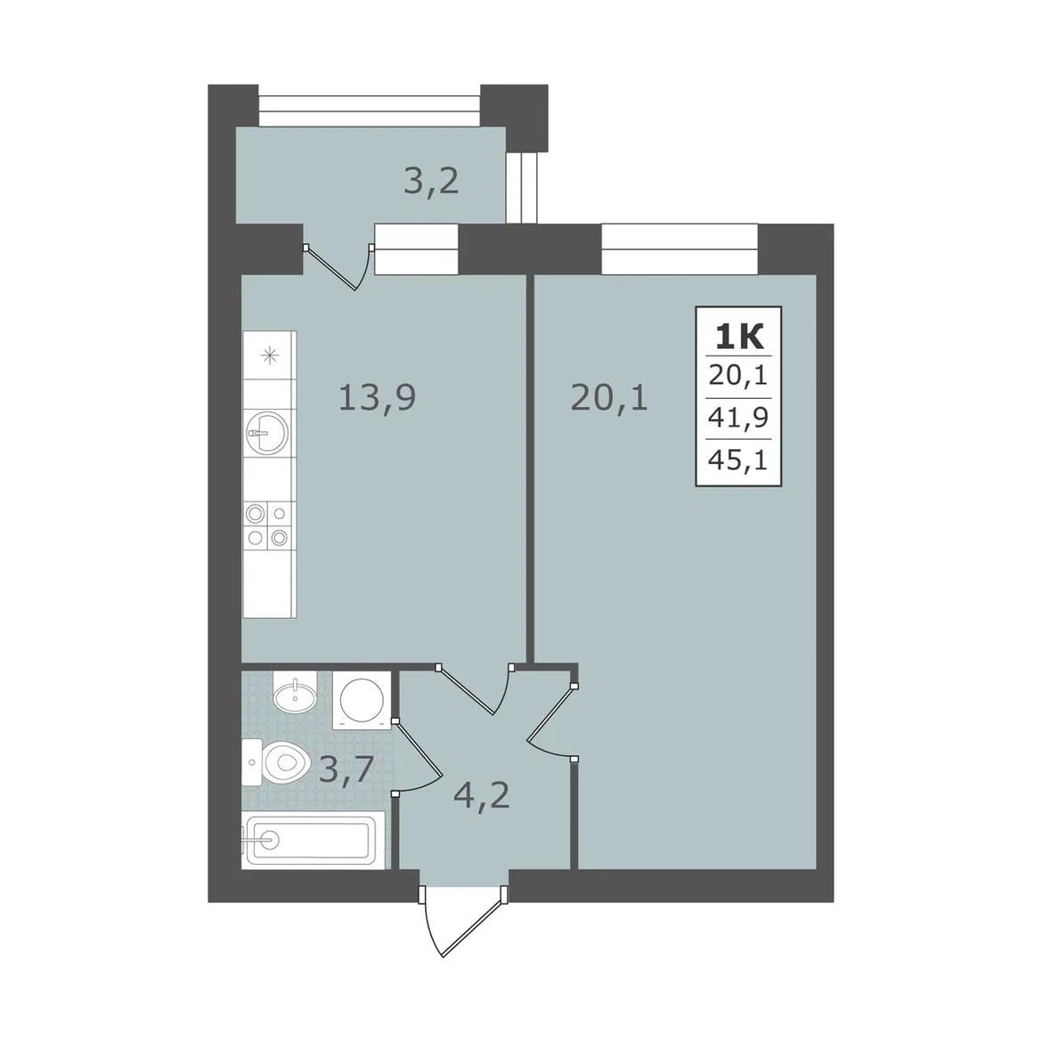 1 комнатная квартира, 45,1 кв.м.