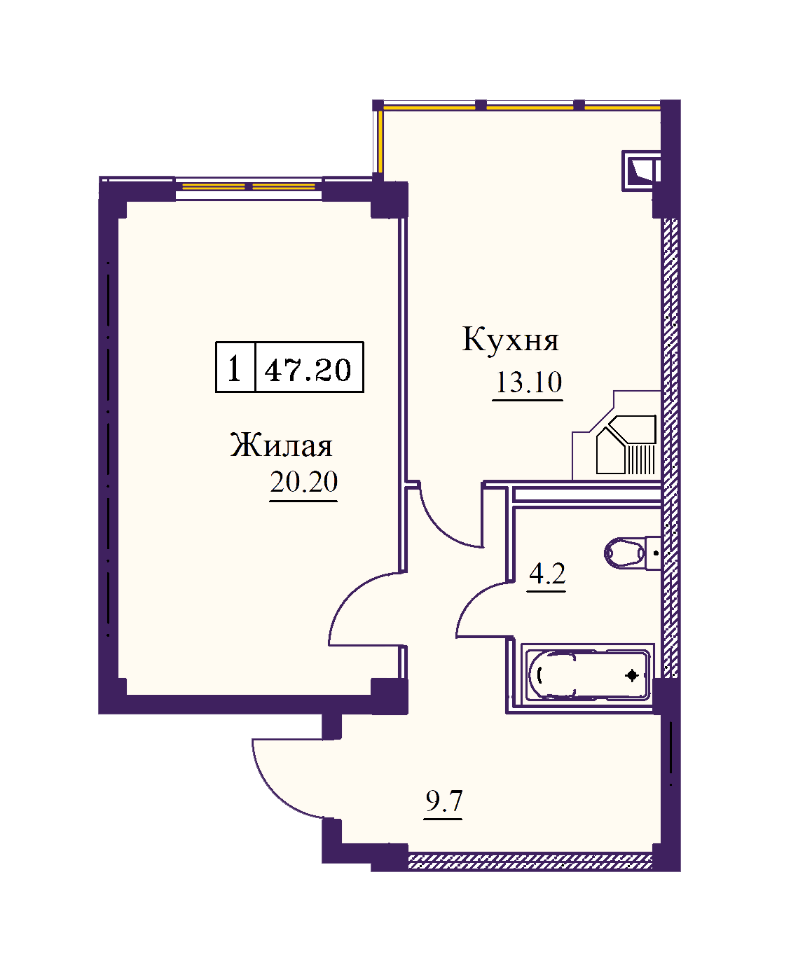 1 комнатная квартира 47,2 кв.м