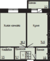 1 комнатная квартира, 47,6 кв.м.