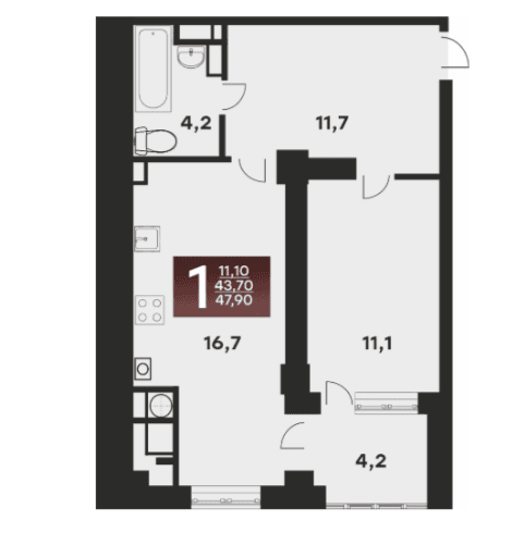1 комнатная квартира, 47,9 кв.м.