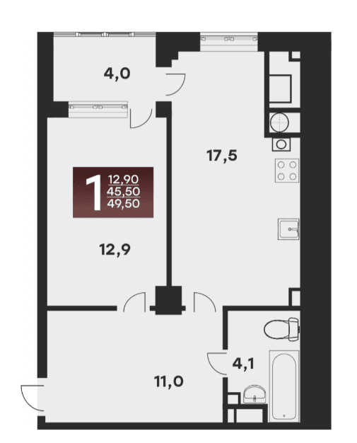 1 комнатная квартира, 49,5 кв.м.