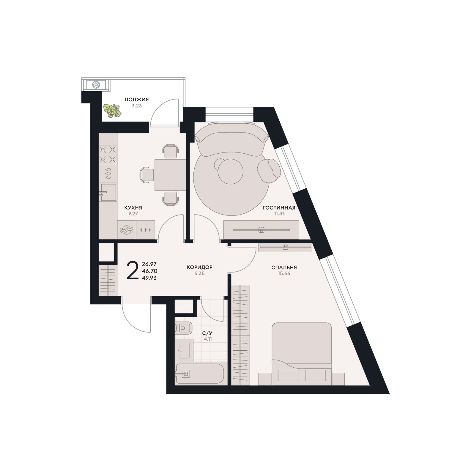2 комнатная квартира, 49,93 кв.м.