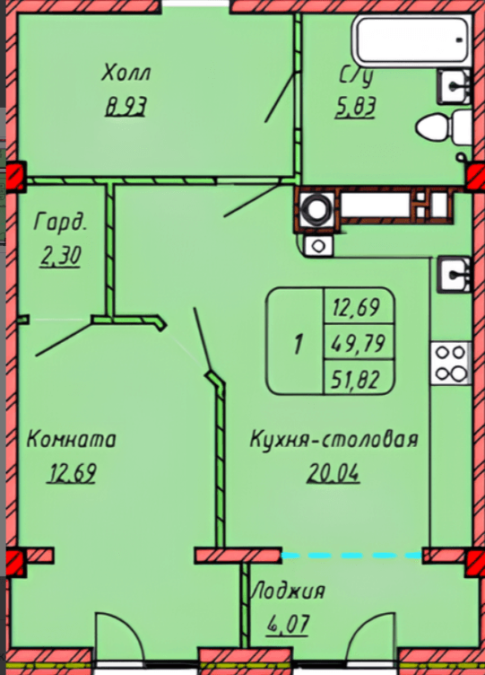 1 комнатная квартира, 51,8 кв.м.