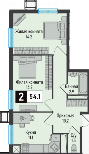 2 комнатная квартира, 54,1 кв.м.