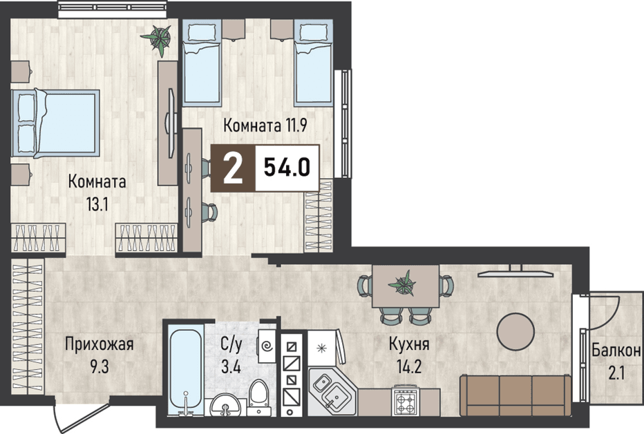 2 комнатная квартира, 54 кв.м.