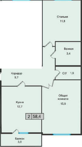 2 комнатная квартира, 58,4 кв.м.