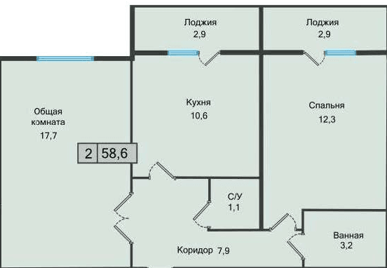 2 комнатная квартира, 58,6 кв.м.