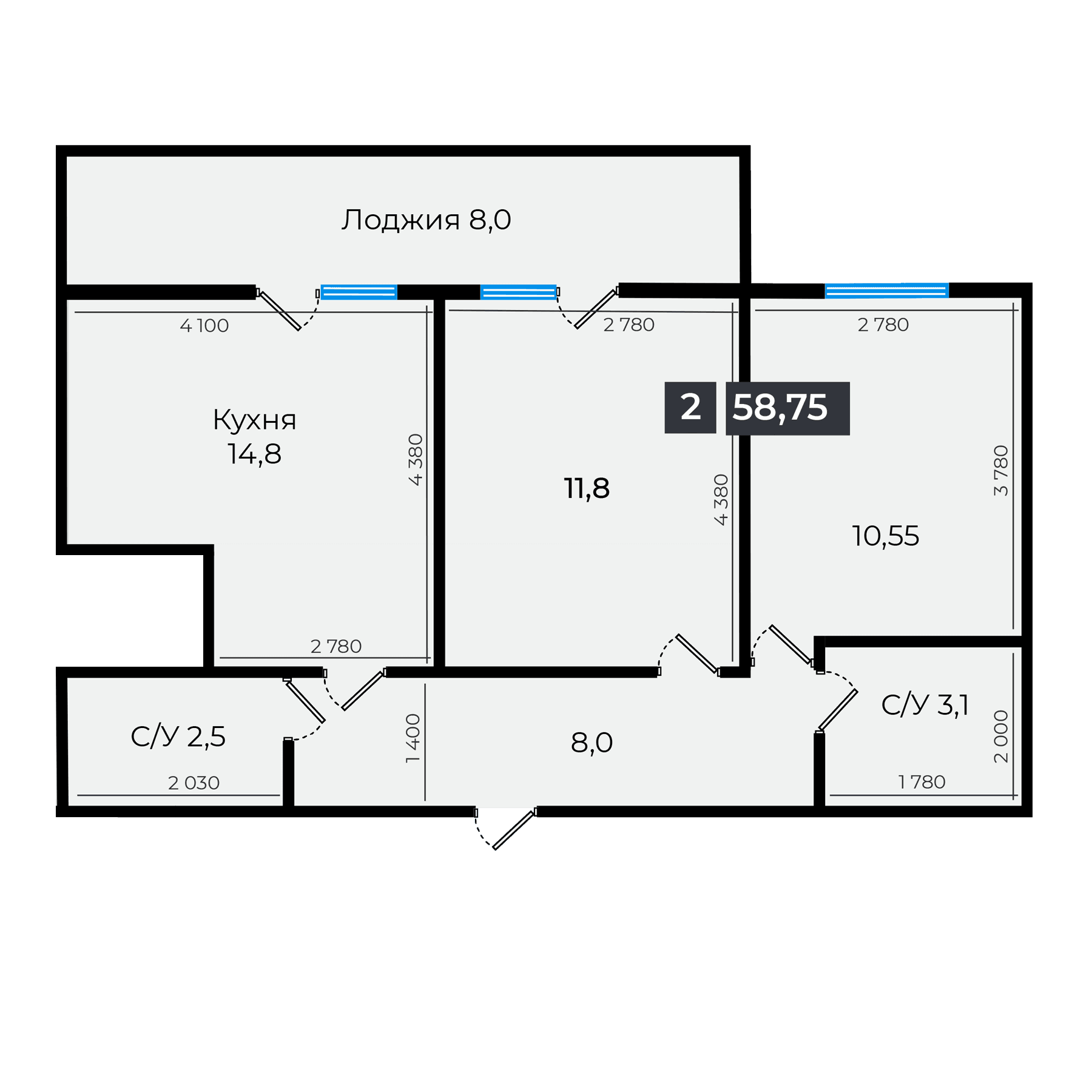 2 комнатная квартира 58,75 кв.м