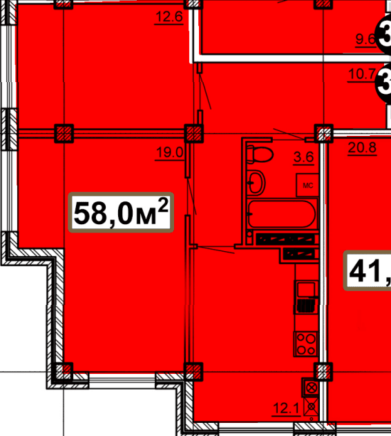 2 комнатная квартира, 58 кв.м.