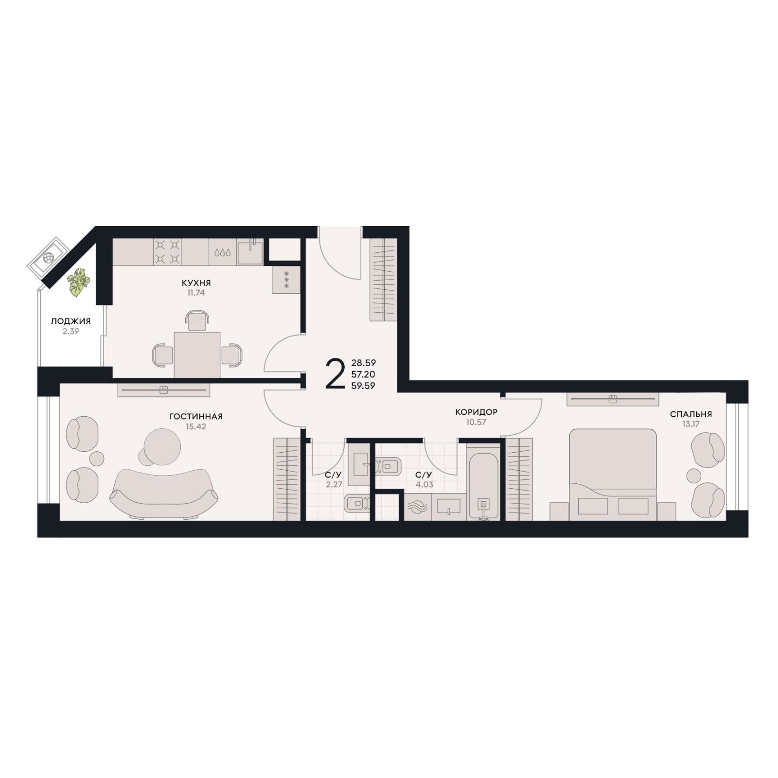 2 комнатная квартира, 59,59 кв.м.