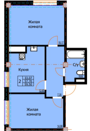 2 комнатная квартира, 59,5 кв.м.