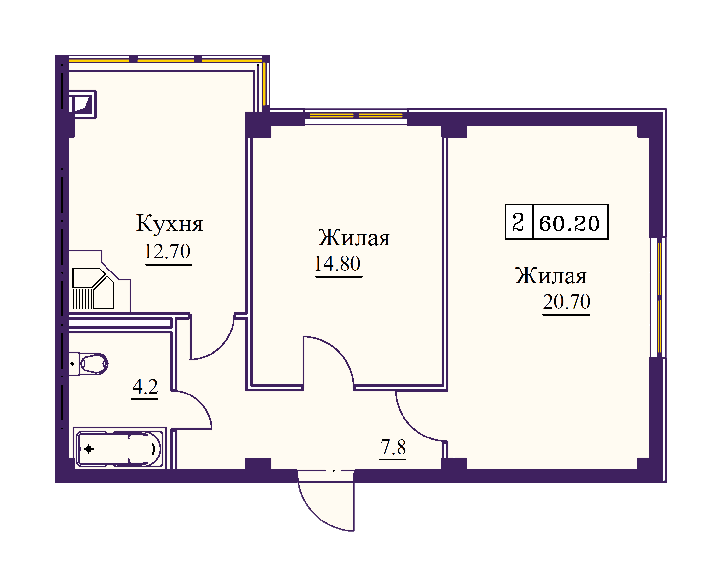 2 комнатная квартира 60,2 кв.м