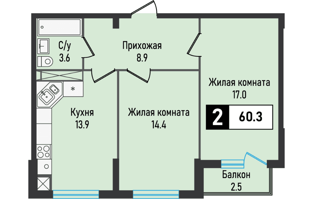 2 комнатная квартира, 30,3 кв.м.