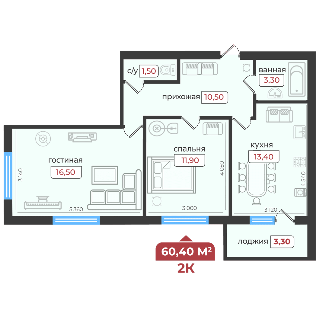 2 комнатная квартира 60,4 кв.м