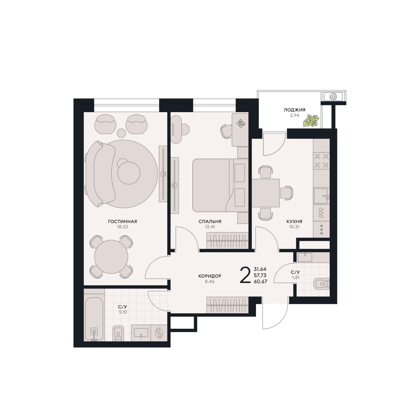 2 комнатная квартира, 60,67 кв.м.