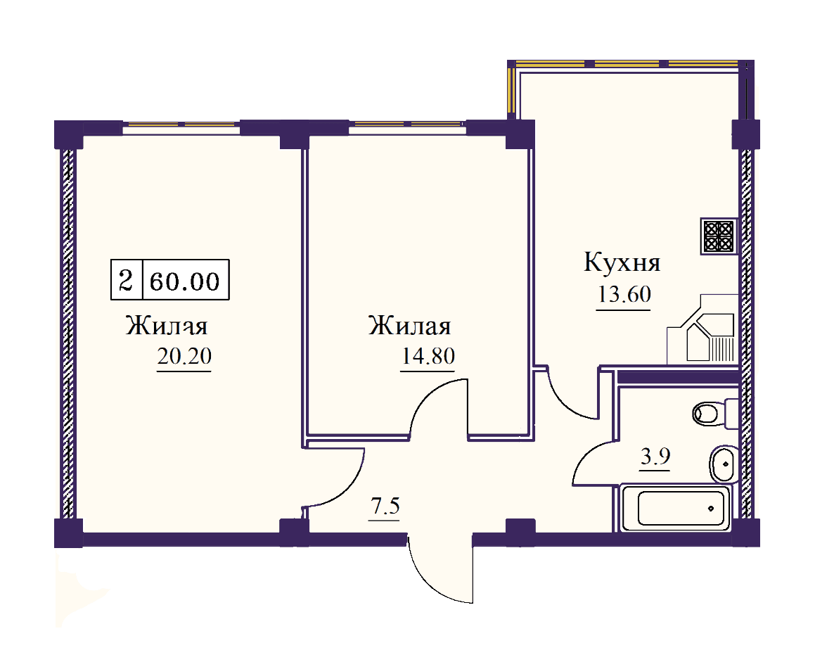 2 комнатная квартира 60,0 кв.м