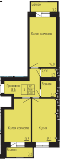 2 комнатная квартира, 61,3 кв.м.