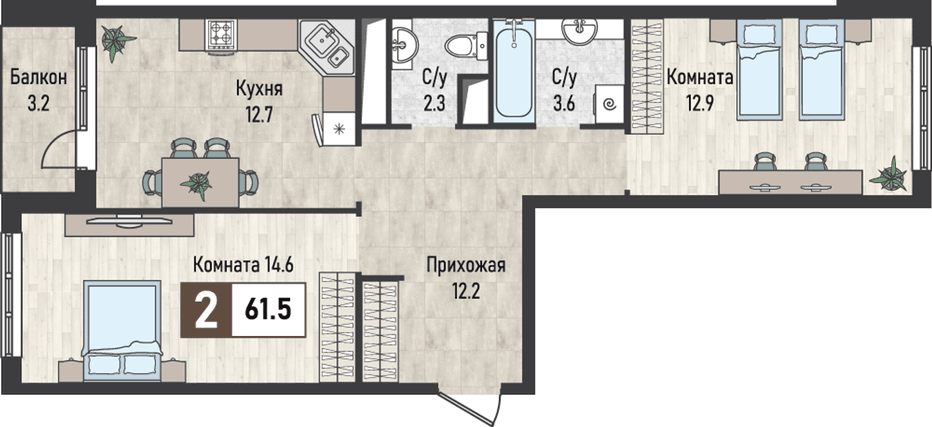 2 комнатная квартира, 61,5 кв.м.