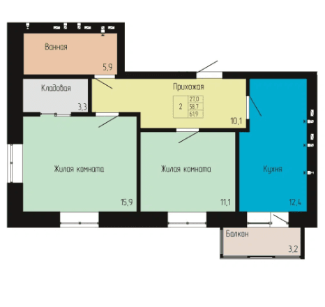 2 комнатная квартира, 61,9 кв.м.