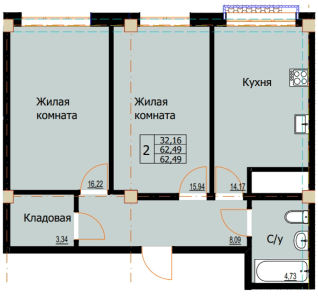 2 комнатная квартира, 62,43 кв.м.