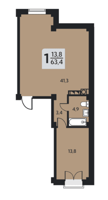 1 комнатная квартира, 63,4 кв.м.