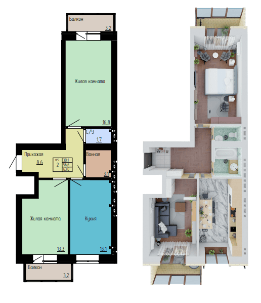 2 комнатная квартира 63 кв.м