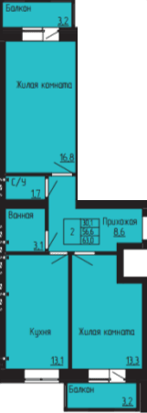 2 комнатная квартира, 63 кв.м.