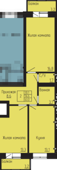 2 комнатная квартира, 63 кв.м.