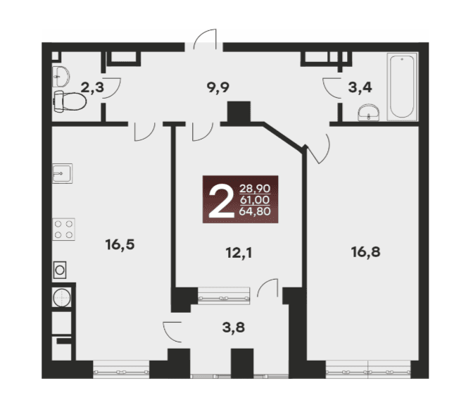 2 комнатная квартира, 64,8 кв.м.