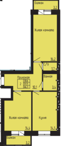 2 комнатная квартира, 66,3 кв.м.