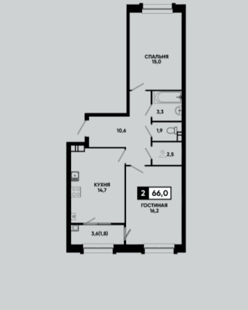 2 комнатная квартира, 66 кв.м.
