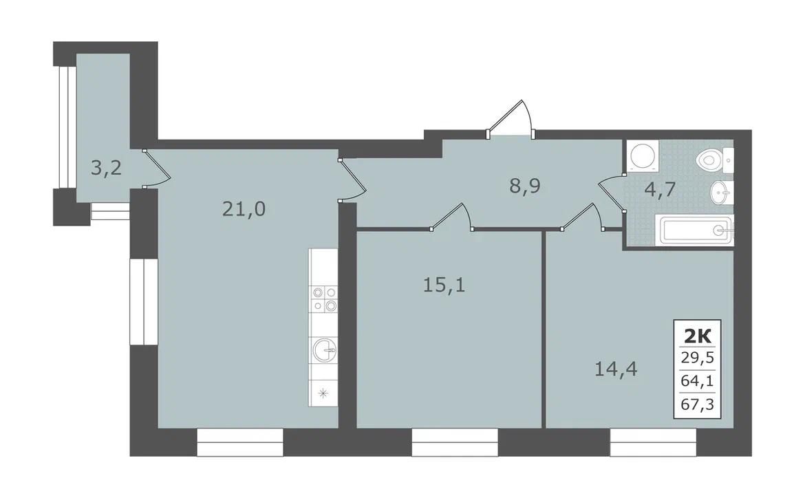 2 комнатная квартира, 67,3 кв.м.